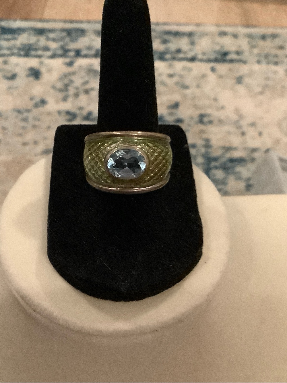 Blue Topaz and Green Enamel Silver Ring